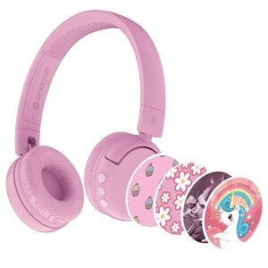 BuddyPhones POP Fun Pink Headphones with stickers. NIB